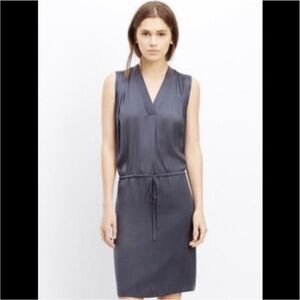 Vince 100% Silk Sleeveless Midi Dress Size M Blue V-Neck Drawstring Sleeveless